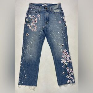 Fidelity Cherry Blossom Straight Cropped Denim Jeans Women Size 25 Blue
